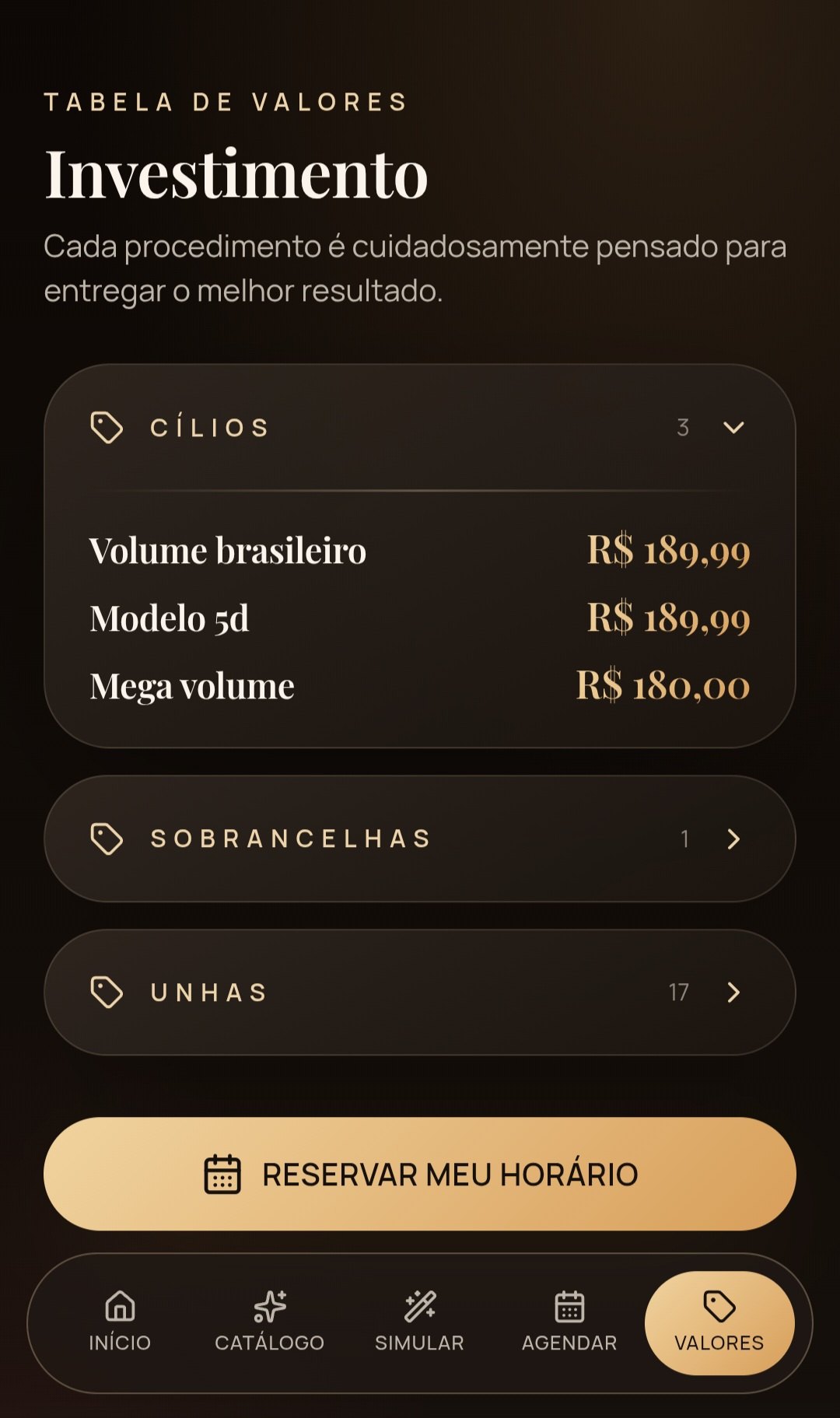 Tabela de valores do estúdio