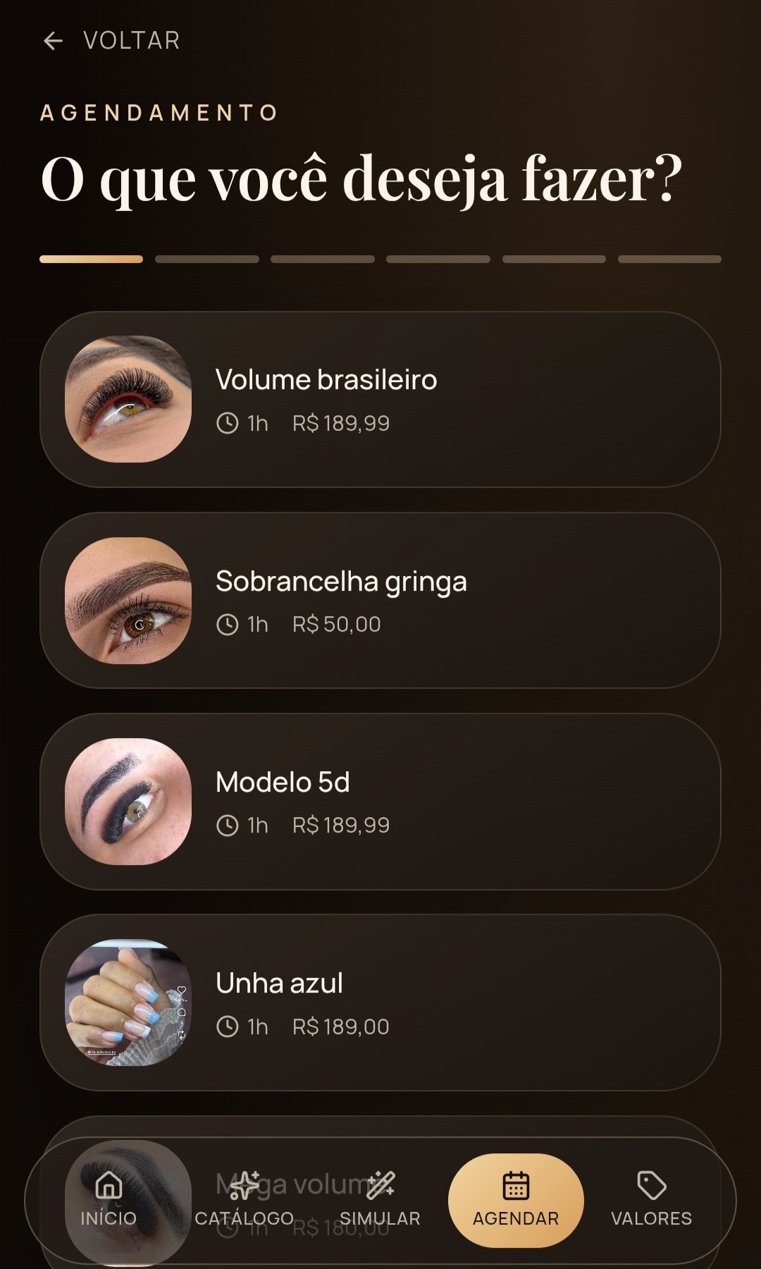 Escolha do serviço no agendamento