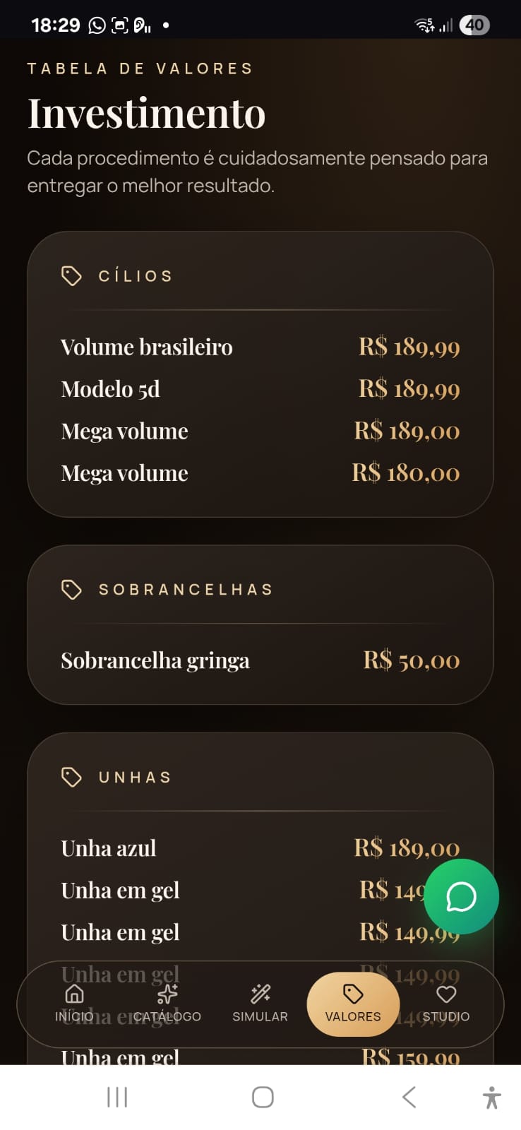 Tela de valores do mini-app