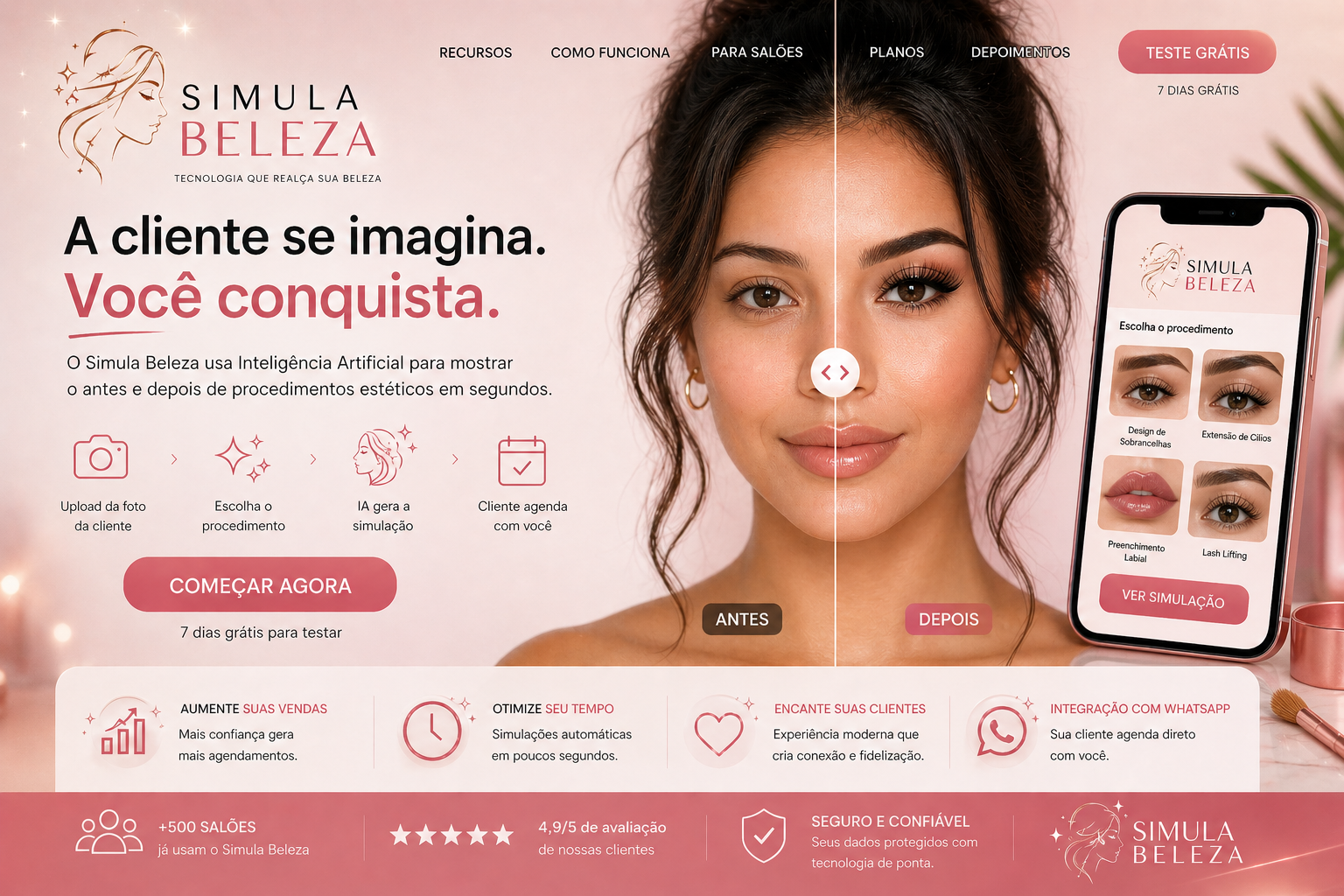 Arte oficial do SIMULABELEZA com antes e depois, mockup do aplicativo e chamada para teste grátis